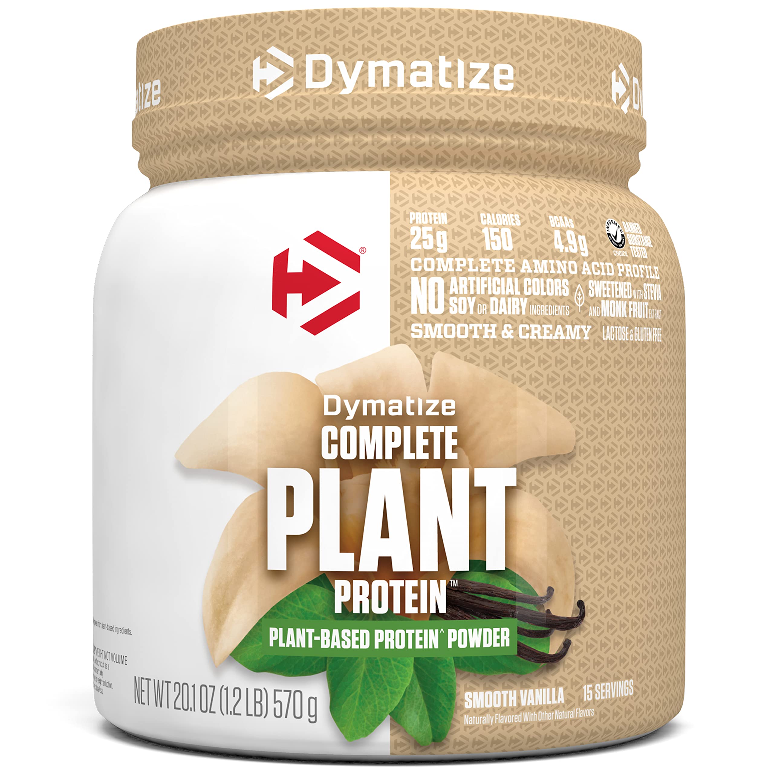 Dymatize Complete Plant Protein Vanilla tub, plant-based protein for muscle support.