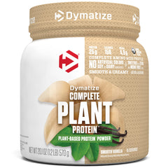 Dymatize Complete Plant Protein Vanilla tub, plant-based protein for muscle support.
