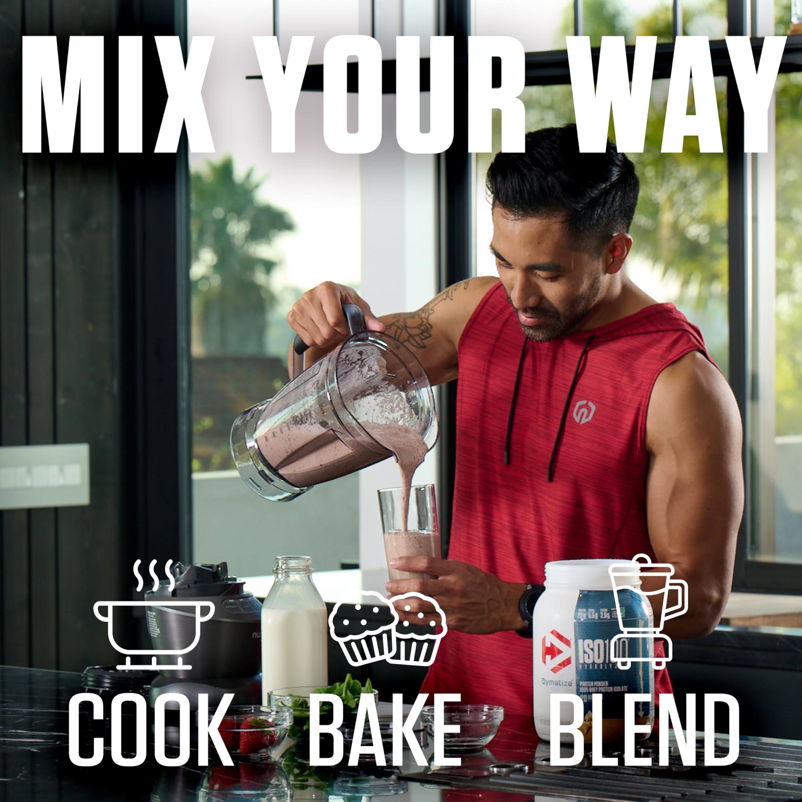 Dymatize ISO100 Dunkin Mocha Latte tub with glass showcases flavor and purity.