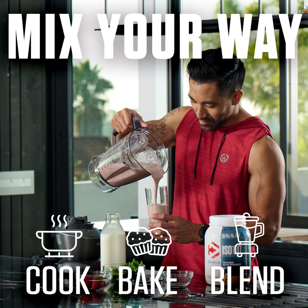 Dymatize ISO100 Dunkin Mocha Latte tub with glass showcases flavor and purity.