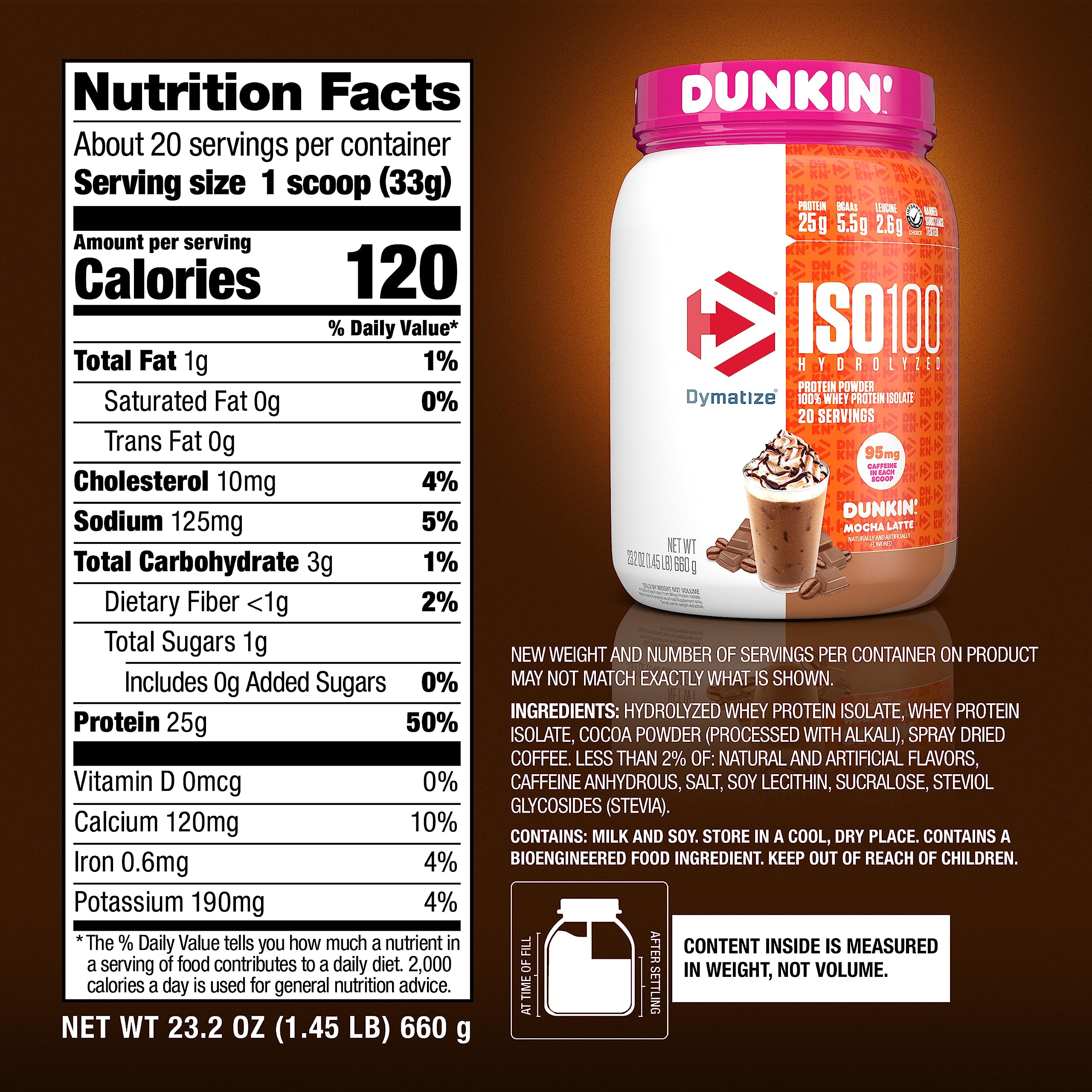 Dymatize ISO100 Dunkin Mocha Latte nutrition label highlights 25g protein per serving.