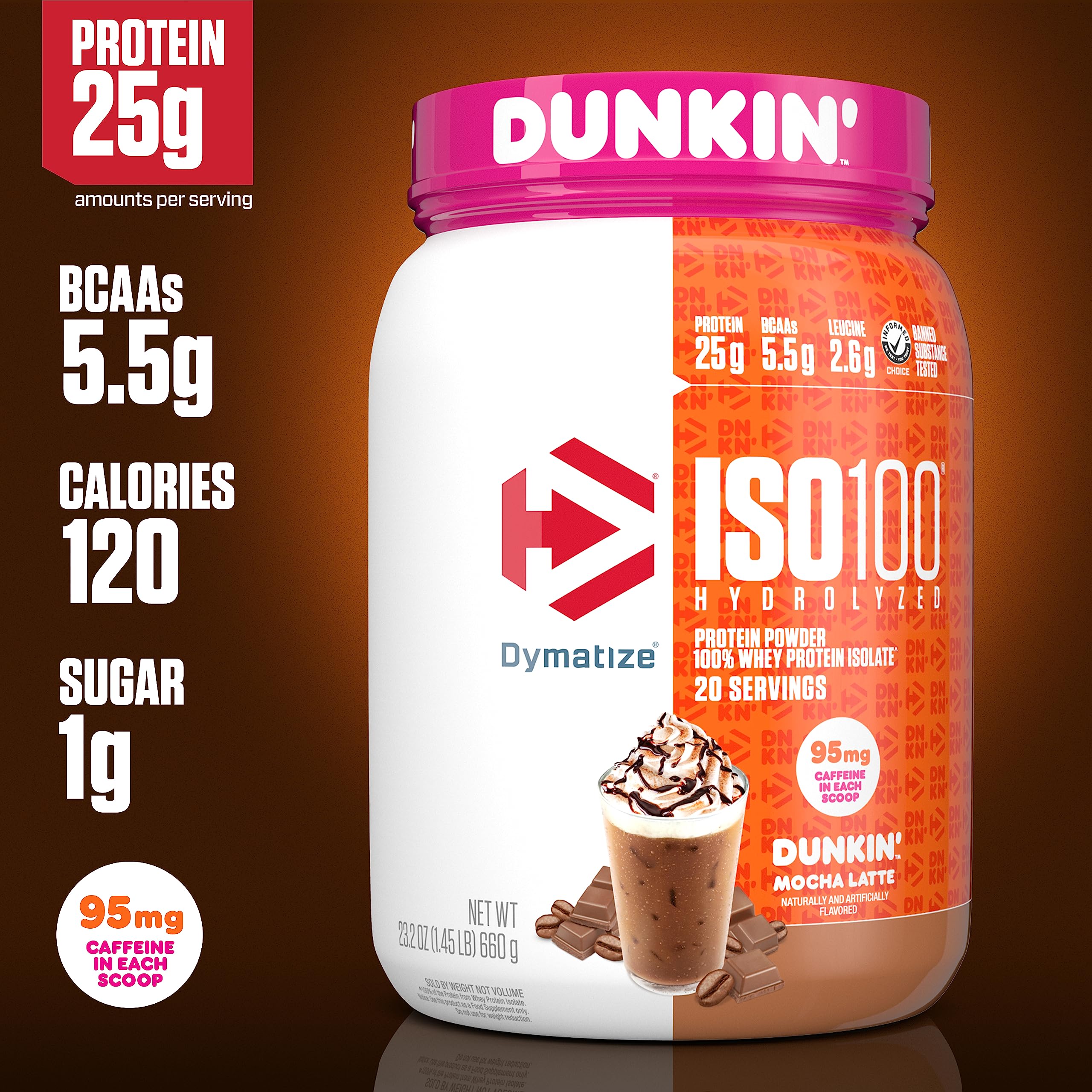 Dymatize ISO100 Dunkin Mocha Latte shake in glass shows ready-to-drink energy.