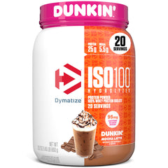 Dymatize ISO100 Dunkin Mocha Latte tub front highlights high-protein formula for workouts.