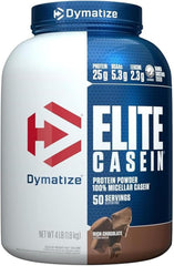 Dymatize Elite Casein Chocolate label closeup highlighting per-serving protein.