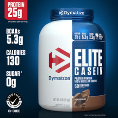 Dymatize Elite Casein Chocolate scoop beside tub for measured servings.