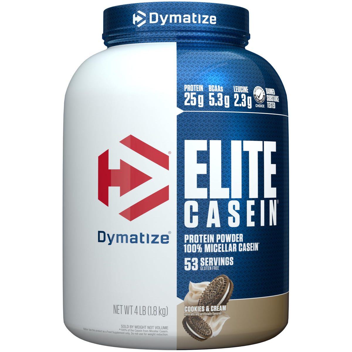 Dymatize Elite Casein Cookies Cream powder tub for steady overnight recovery.