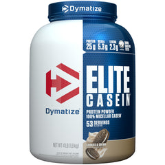 Dymatize Elite Casein Cookies Cream powder tub for steady overnight recovery.