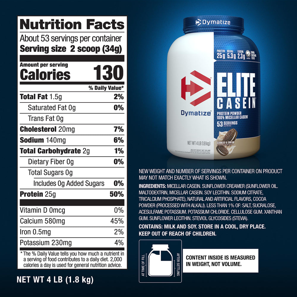 Dymatize Elite Casein nighttime recovery setup emphasizing slow-release protein.