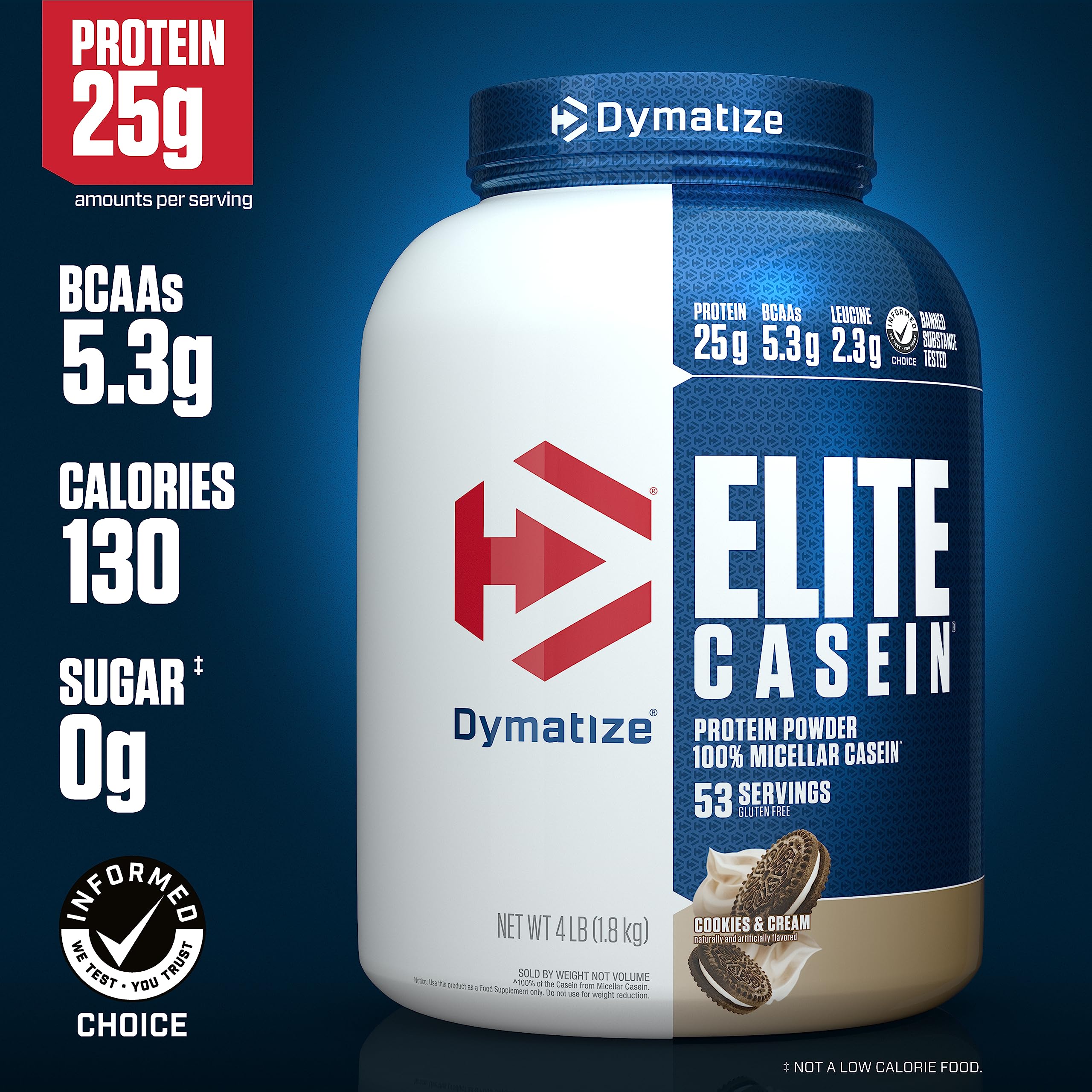 Dymatize Elite Casein scoop in glass showing slow-release protein option.