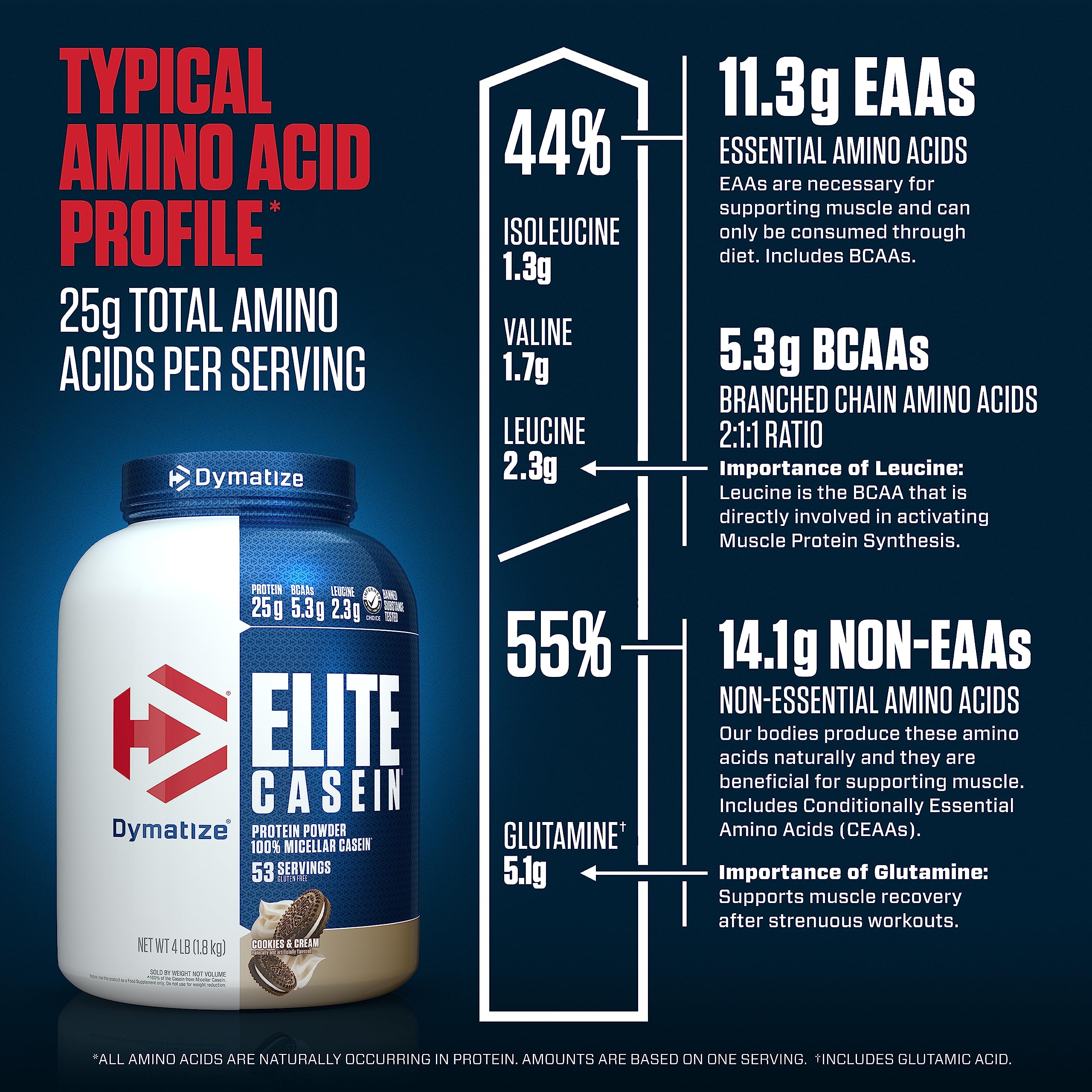 Dymatize Elite Casein tub close-up highlights micellar protein formula.