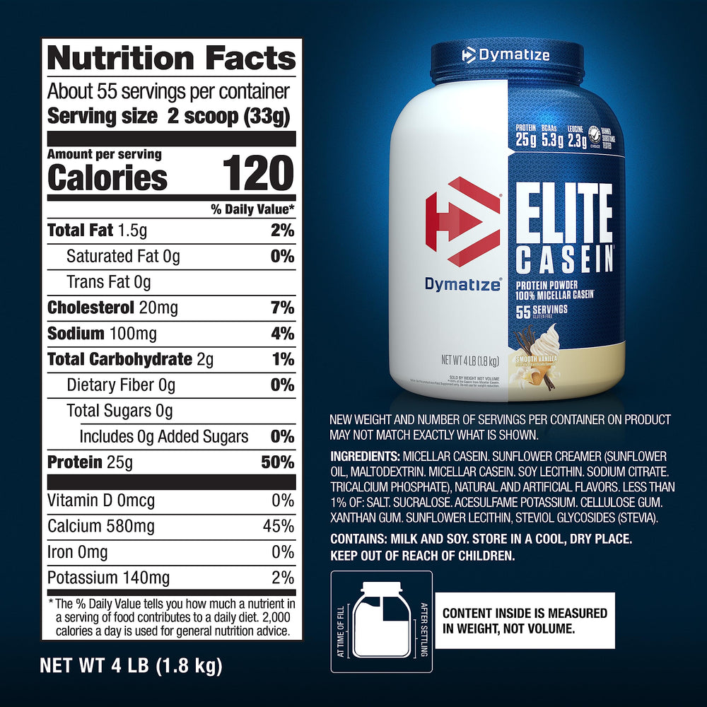 Dymatize Elite Casein Vanilla nutrition label detail showing 25 g protein.