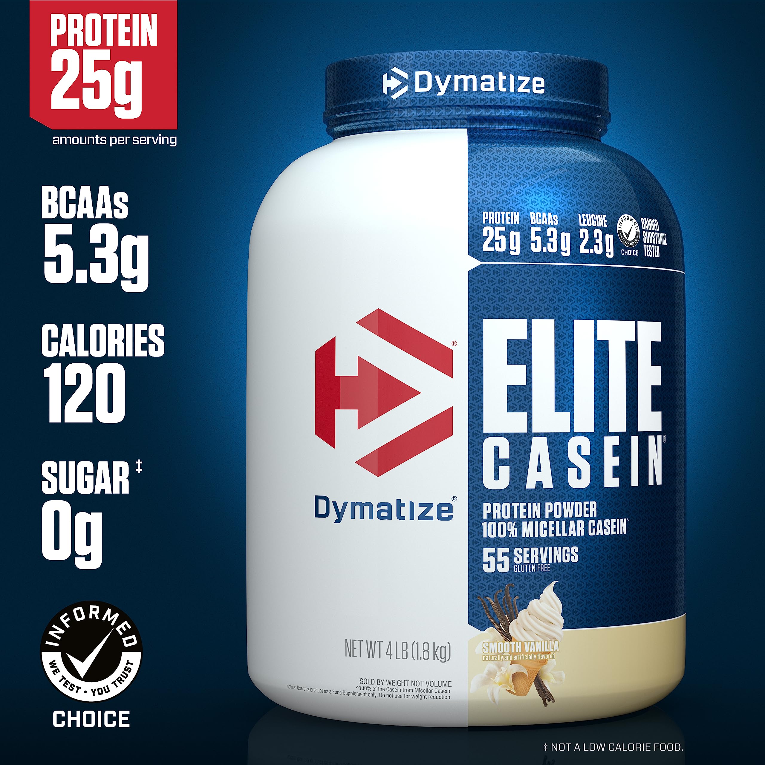 Dymatize Elite Casein Vanilla being poured into a shaker for slow-digesting protein.
