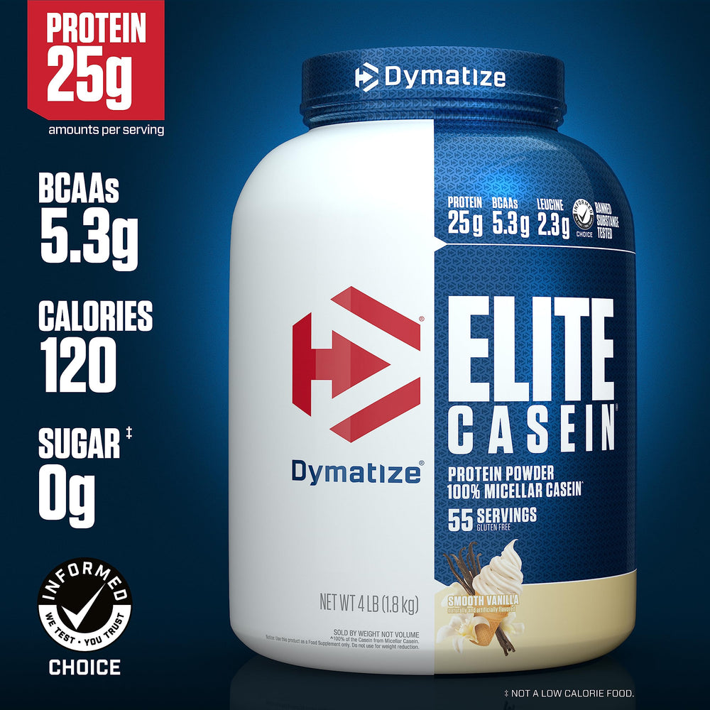 Dymatize Elite Casein Vanilla being poured into a shaker for slow-digesting protein.