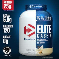 Dymatize Elite Casein Vanilla being poured into a shaker for slow-digesting protein.