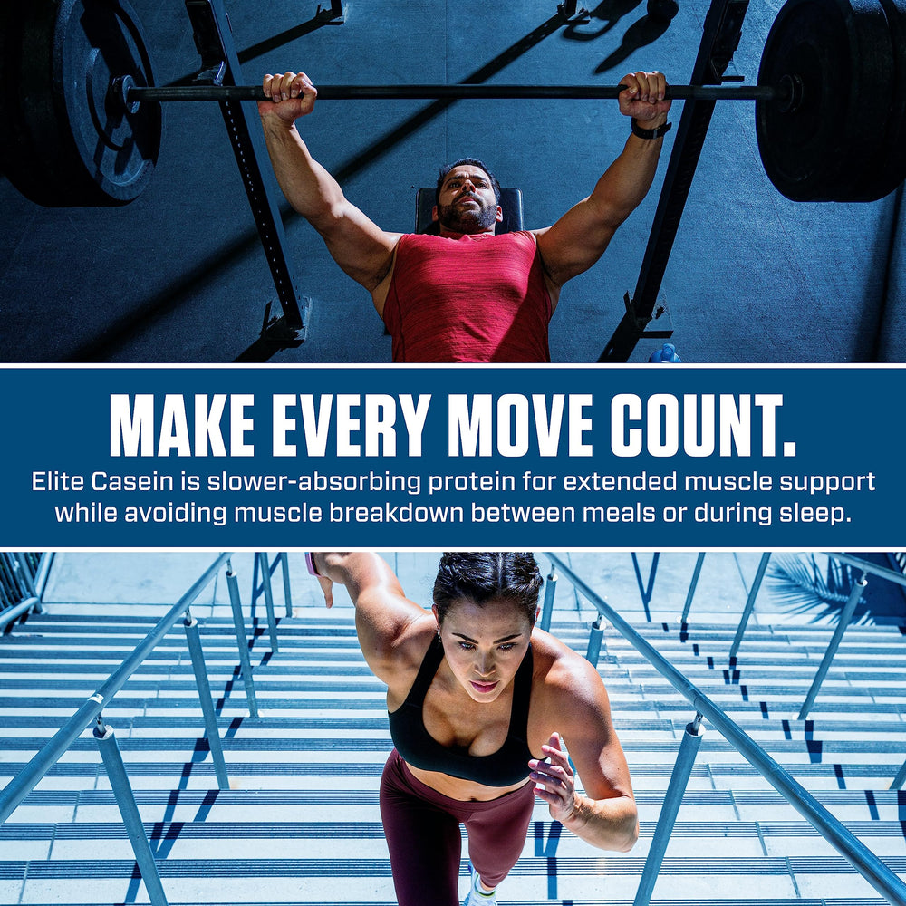 Dymatize Elite Casein Vanilla mixing in a blender for creamy, long-lasting nourishment.