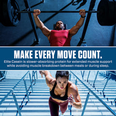 Dymatize Elite Casein Vanilla mixing in a blender for creamy, long-lasting nourishment.