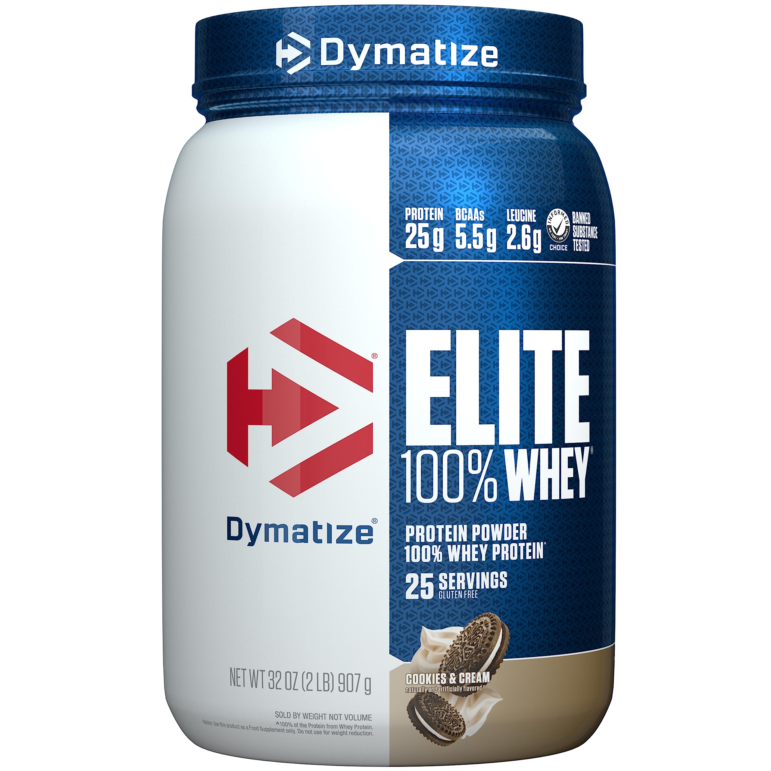 Dymatize Elite Whey Cookies & Cream tub for post-workout protein pleasure