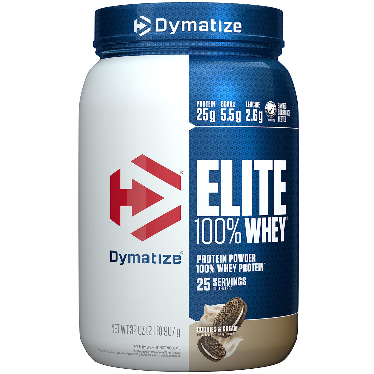 Dymatize Elite Whey Cookies & Cream tub for post-workout protein pleasure
