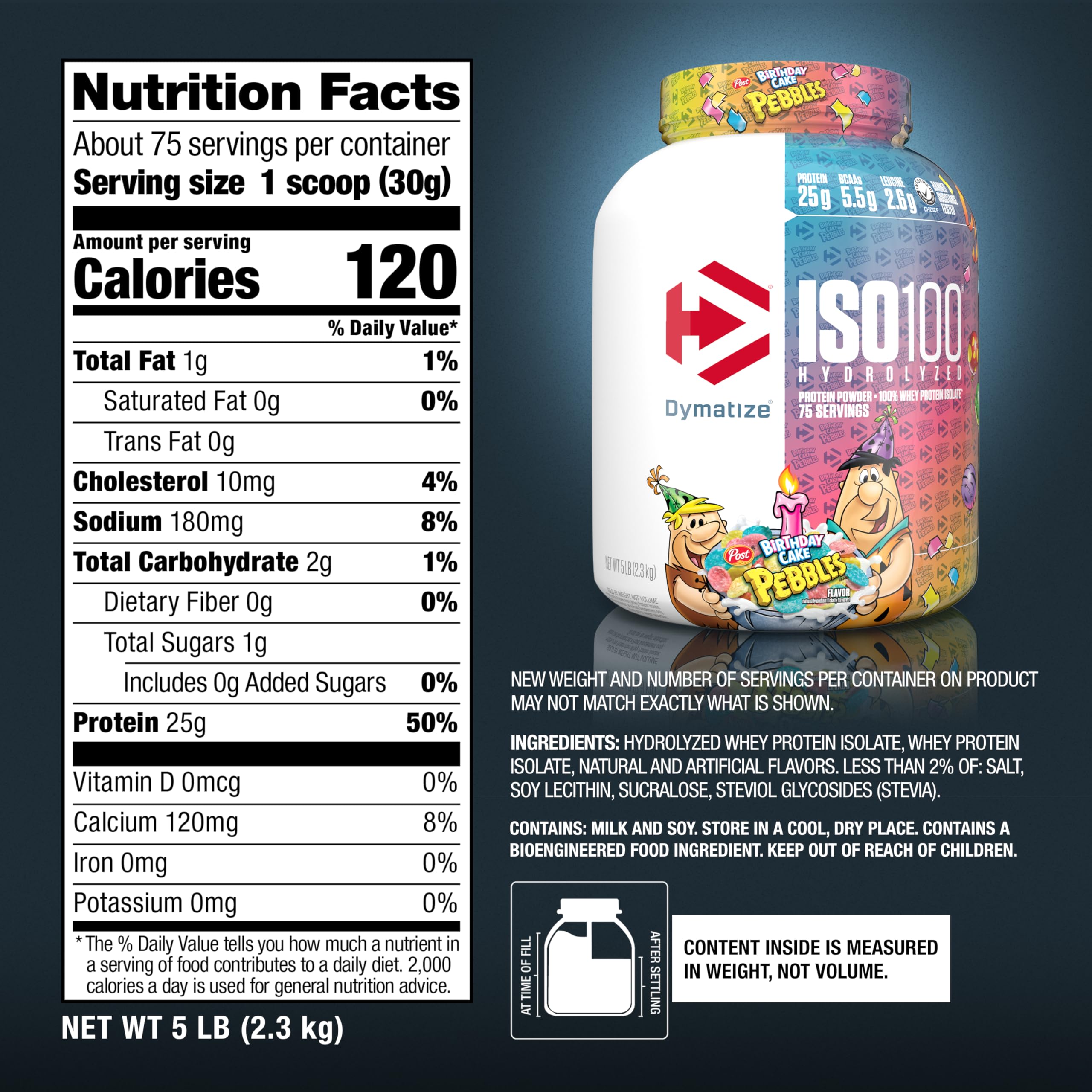 Dymatize ISO100 Birthday Cake label highlights gluten-free and USA-made attributes.