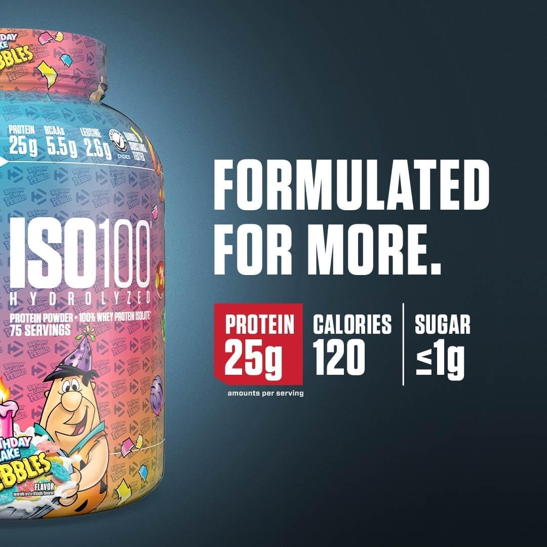 Dymatize ISO100 Birthday Cake pour demonstrates smooth shake preparation.