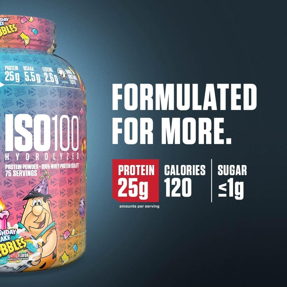 Dymatize ISO100 Birthday Cake pour demonstrates smooth shake preparation.