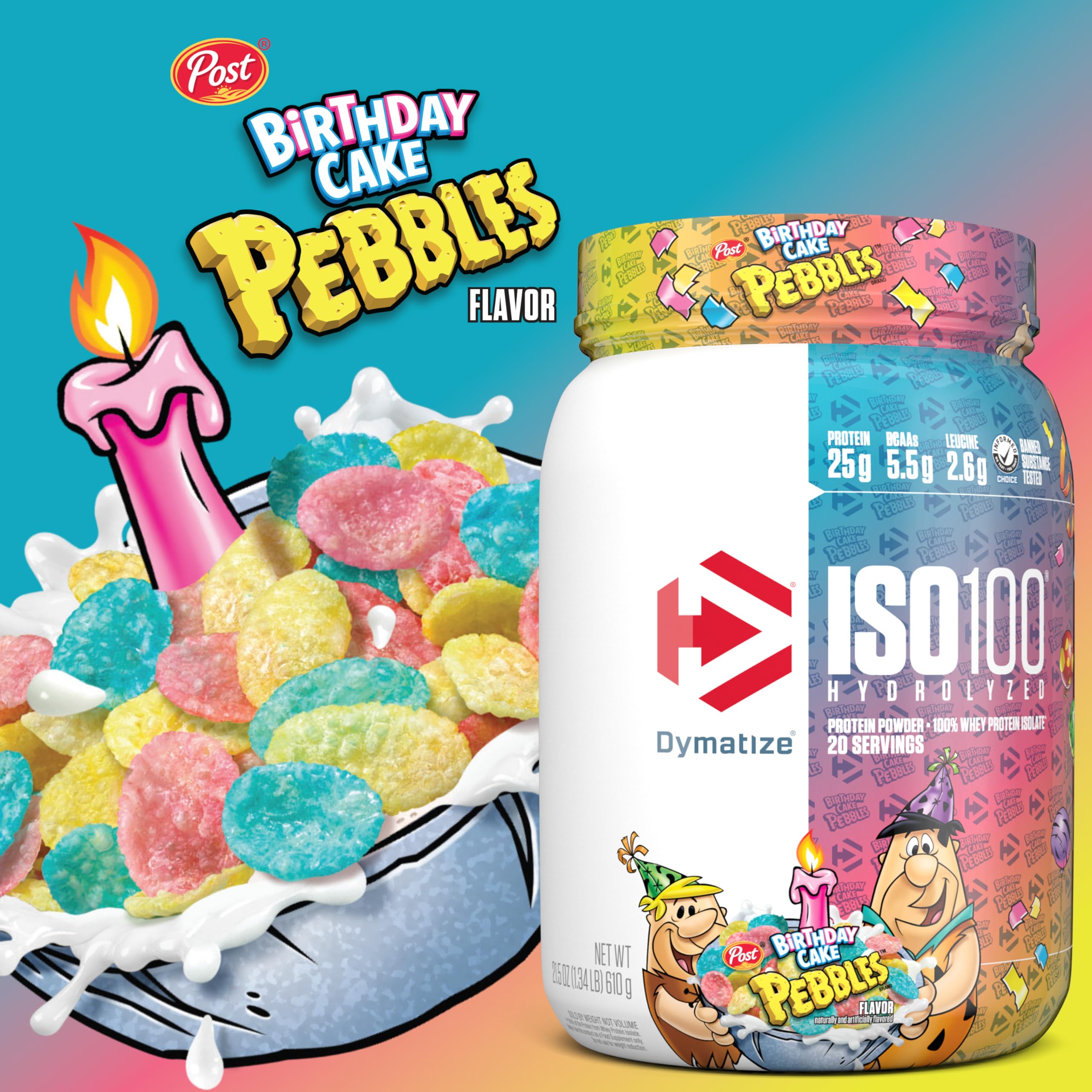 Dymatize ISO100 Birthday Cake shake shown in a glass, highlighting creamy texture.