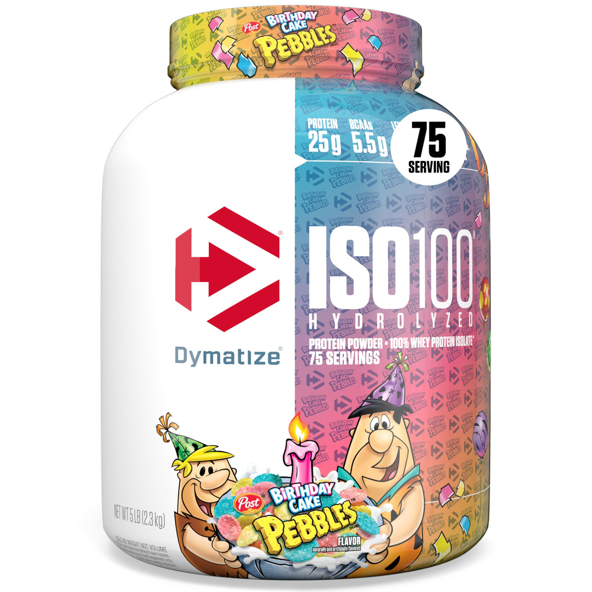 Dymatize ISO100 Birthday Cake tub showcases premium whey protein isolate packaging and label.