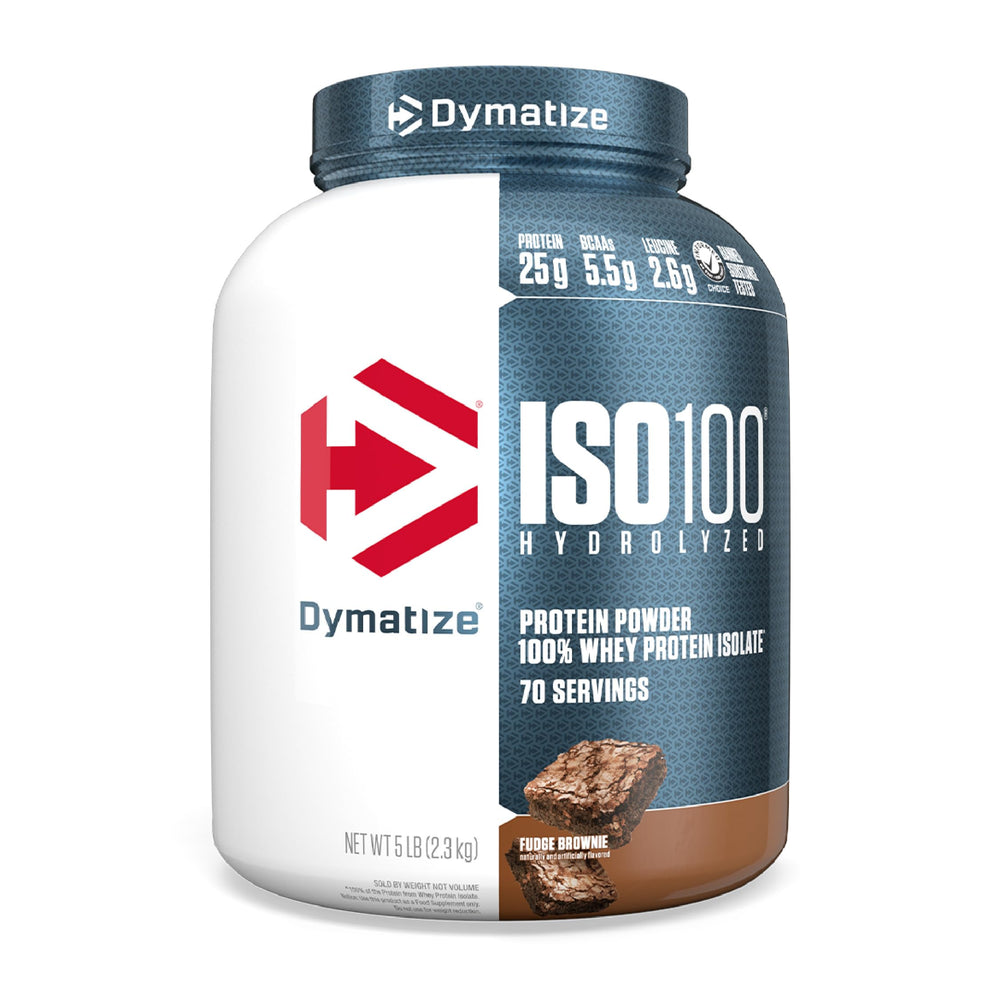 Dymatize ISO100 bottle with fudge brownie flavor for fast protein absorption.
