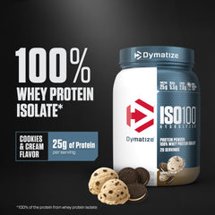 Dymatize ISO100 bottle with label, lean protein for muscle support and easy mixing.