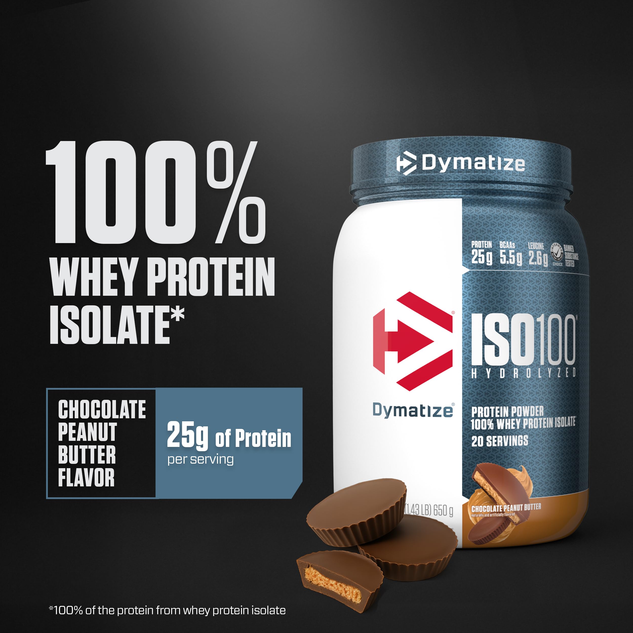 Scoop of Dymatize ISO100 powder ready to mix for 25 g protein.