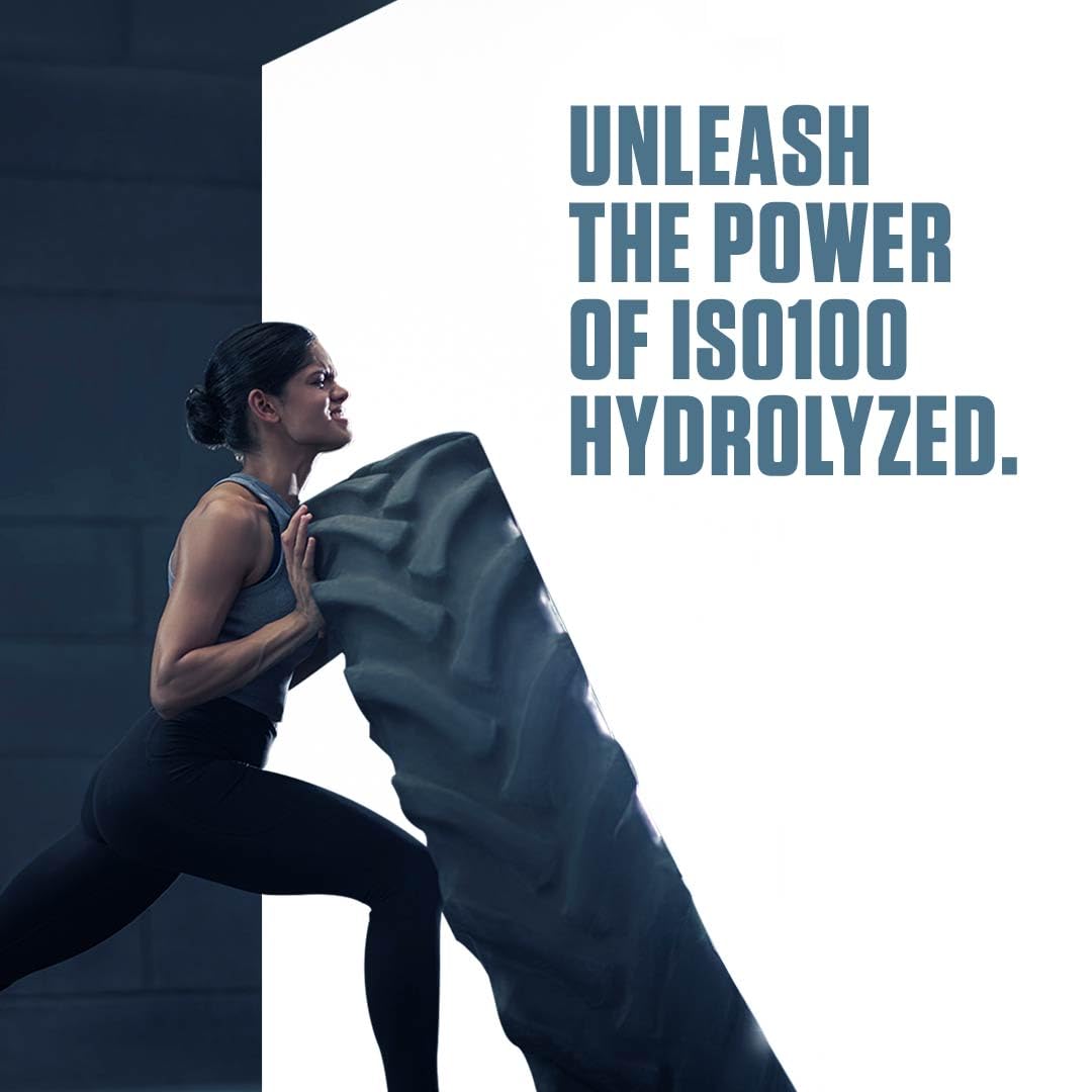 Dymatize ISO100 chocolate powder being poured for a quick protein boost