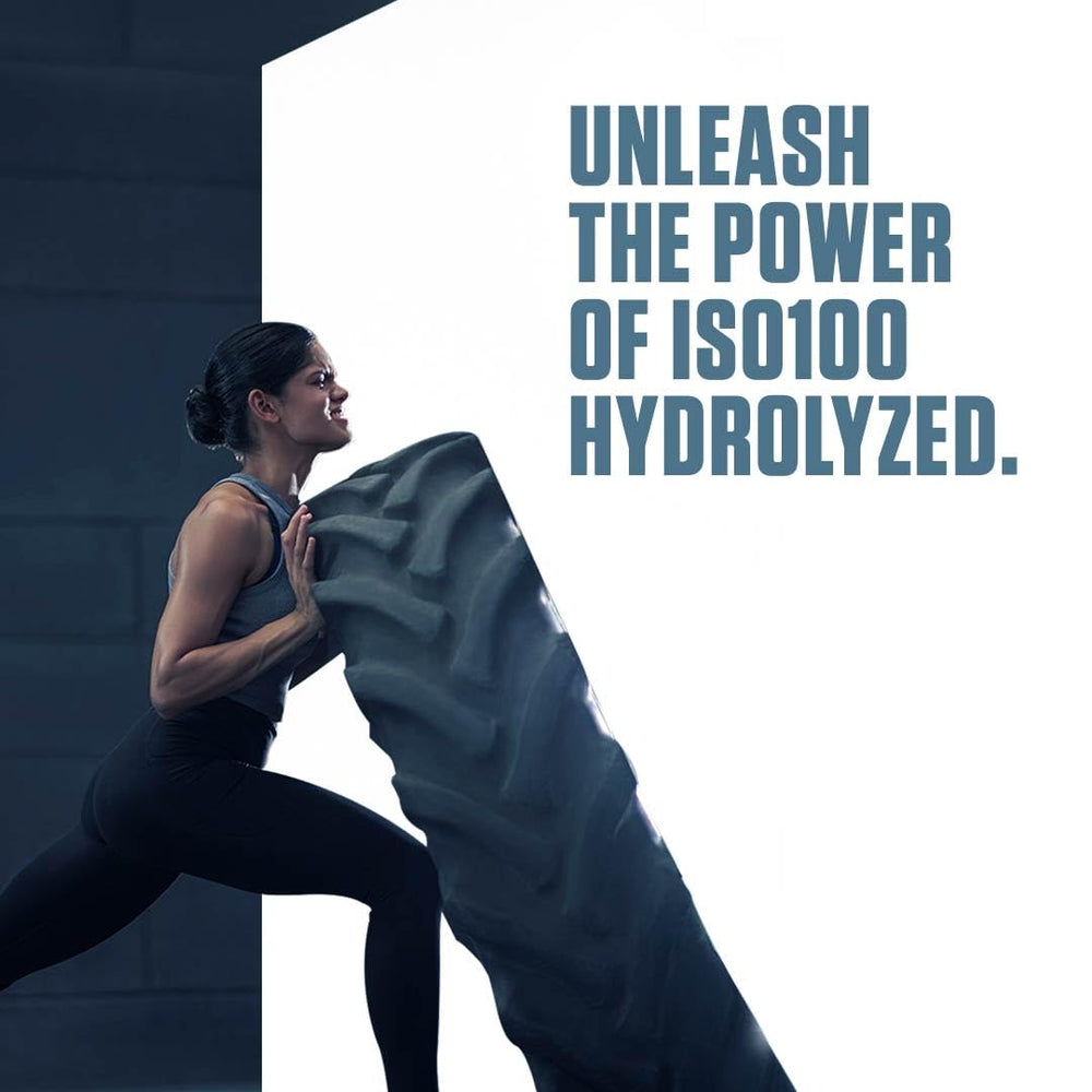 Dymatize ISO100 chocolate powder being poured for a quick protein boost