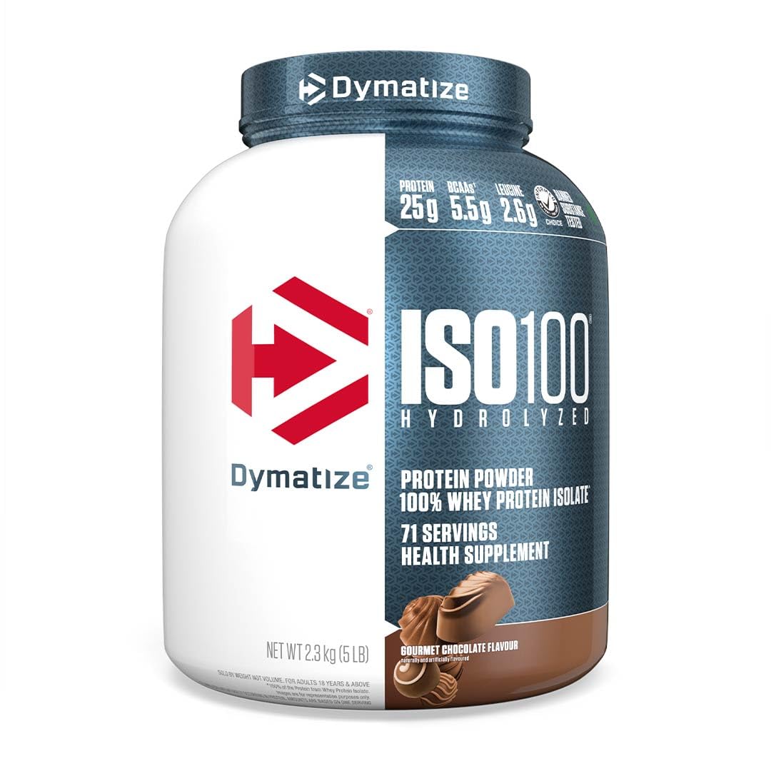 Dymatize ISO100 chocolate whey protein jar for post-workout shakes