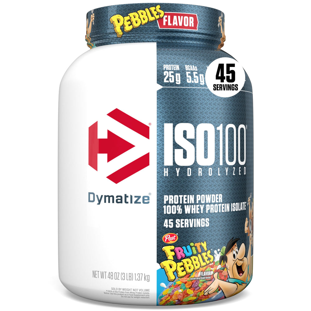 Dymatize ISO100 Fruity Pebbles bottle pour highlights fast-digesting protein after training