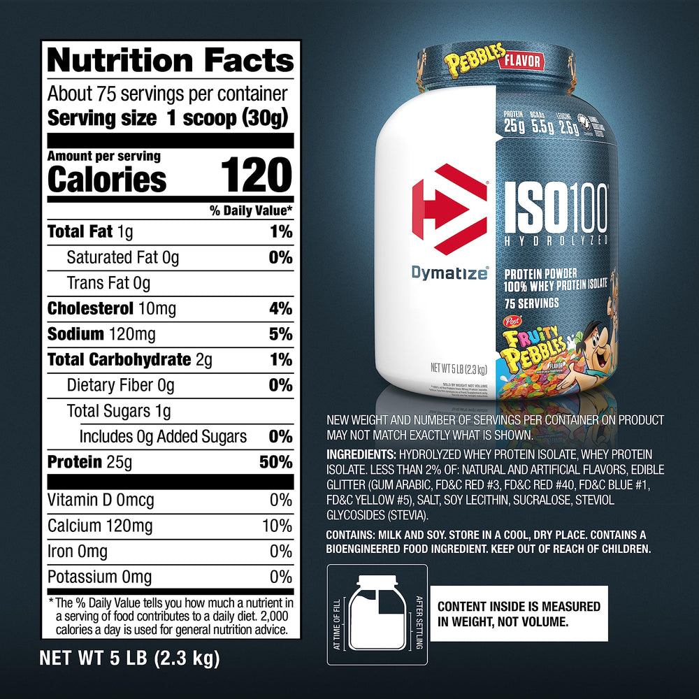 Dymatize ISO100 Fruity Pebbles gluten-free indicator on label for dietary choices