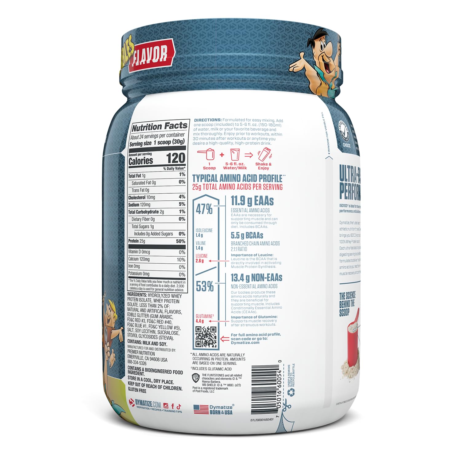 Dymatize ISO100 Fruity Pebbles ingredients panel emphasizing purity