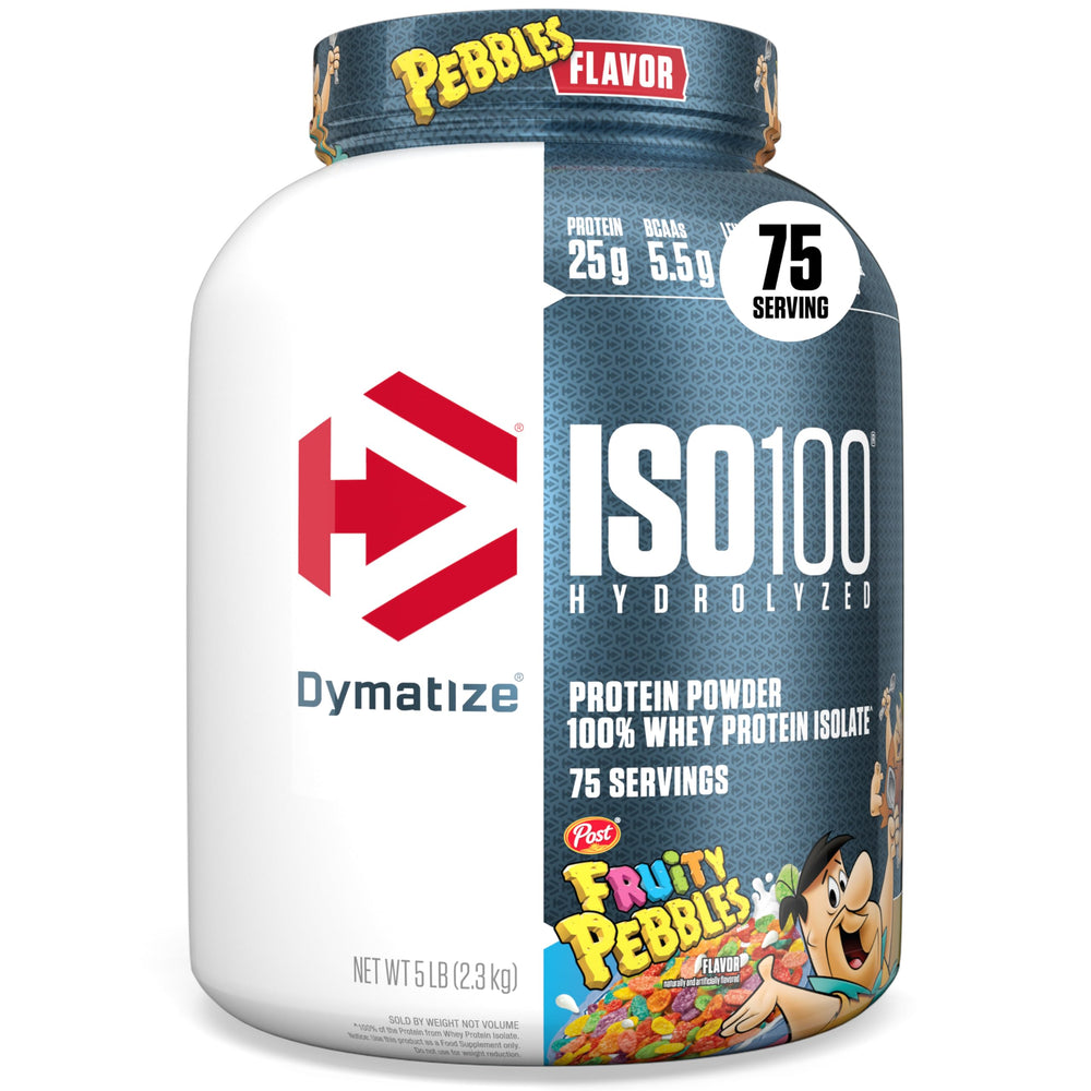 Dymatize ISO100 Fruity Pebbles tub front highlights high protein per serving for post-workout support