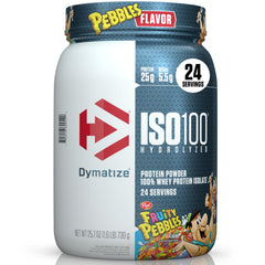 Dymatize ISO100 Fruity Pebbles tub front view highlighting protein power for post-workout use