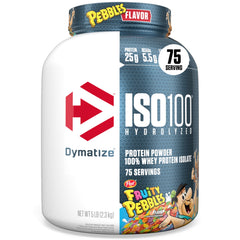 Dymatize ISO100 Fruity Pebbles tub front highlights high protein per serving for post-workout support