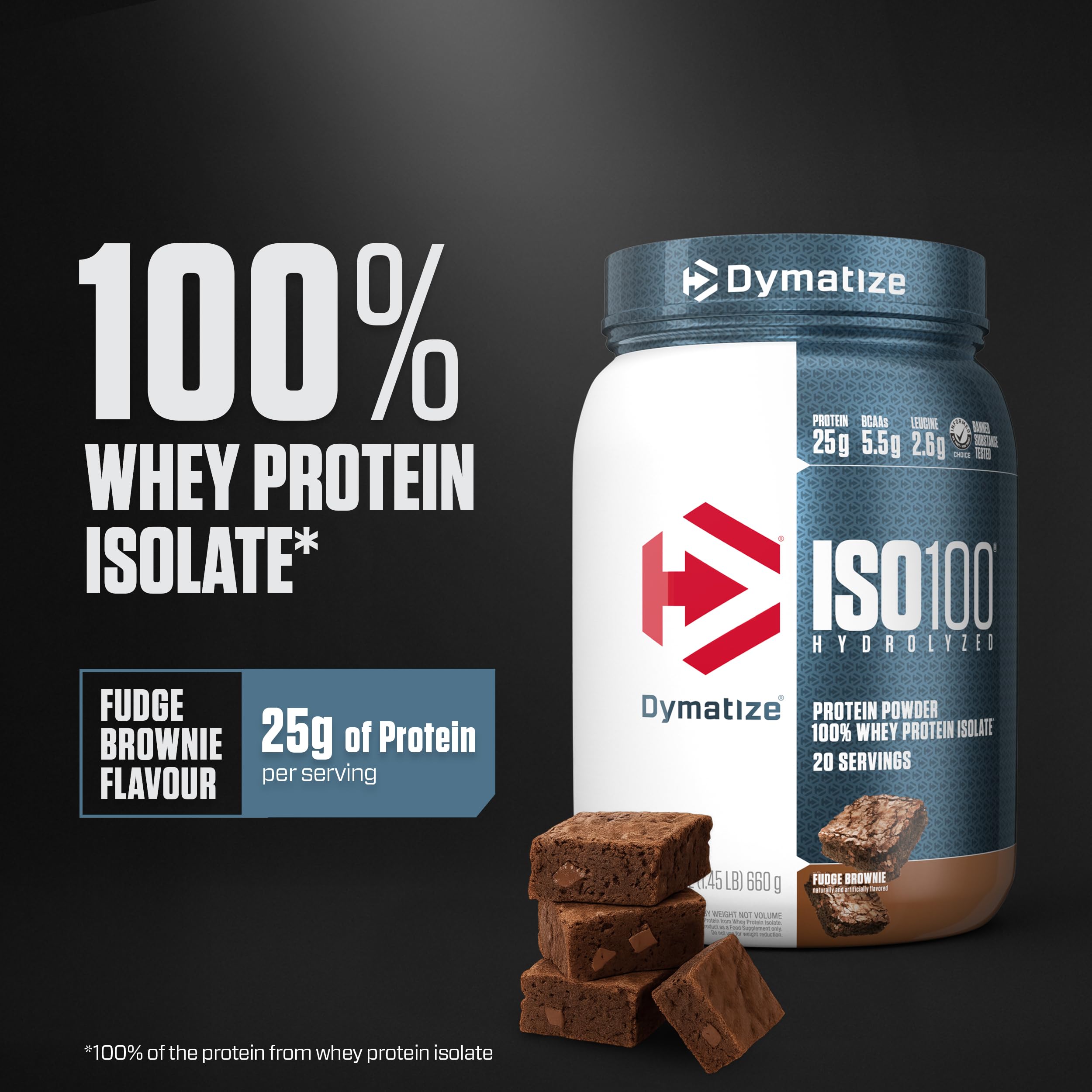 Dymatize ISO100 Fudge Brownie in a shaker for fast protein absorption.