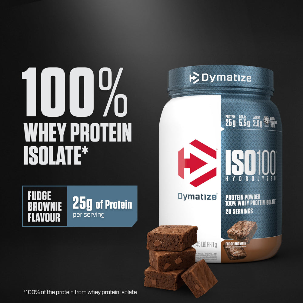 Dymatize ISO100 Fudge Brownie in a shaker for fast protein absorption.