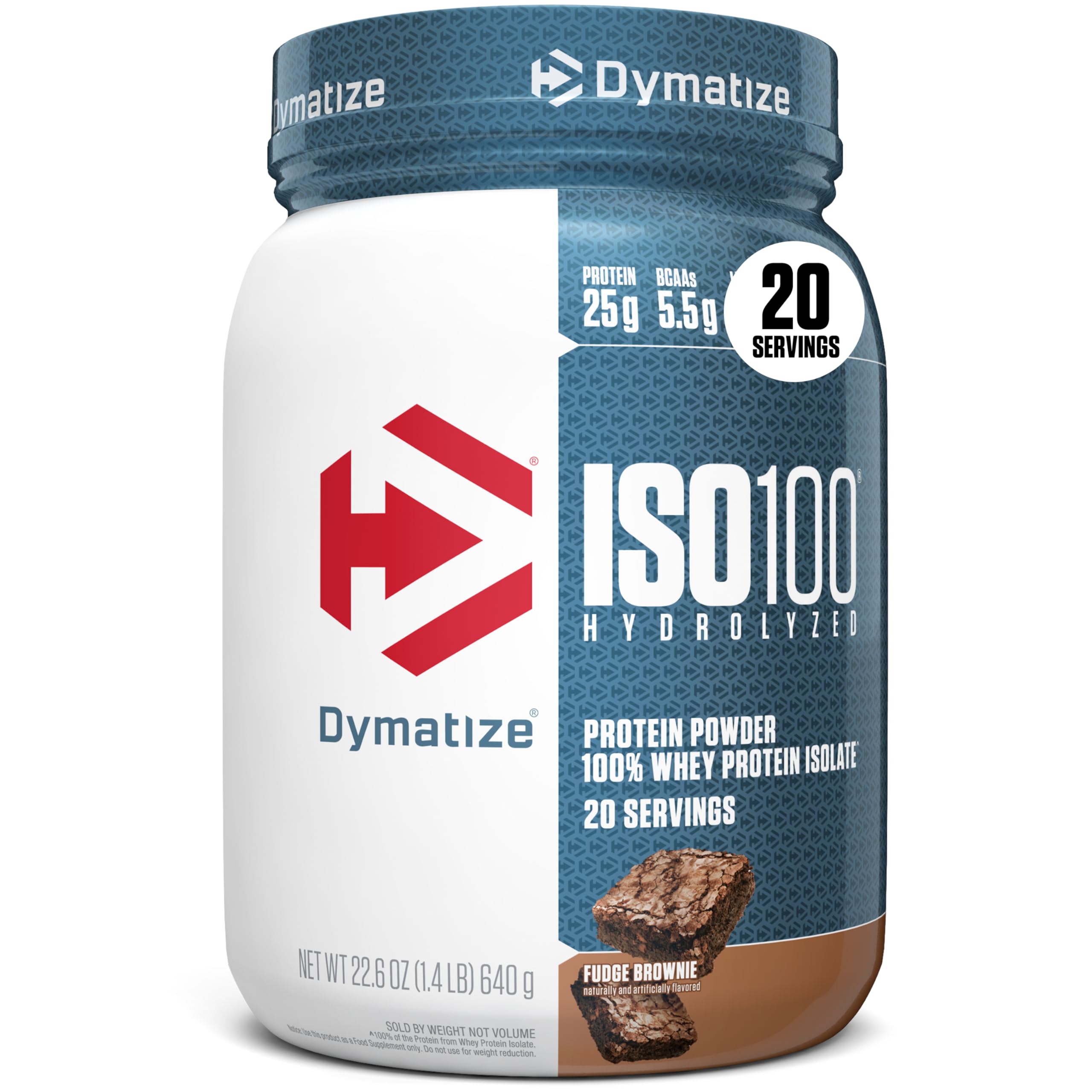 Dymatize ISO100 Fudge Brownie powder being poured for a quick protein boost.