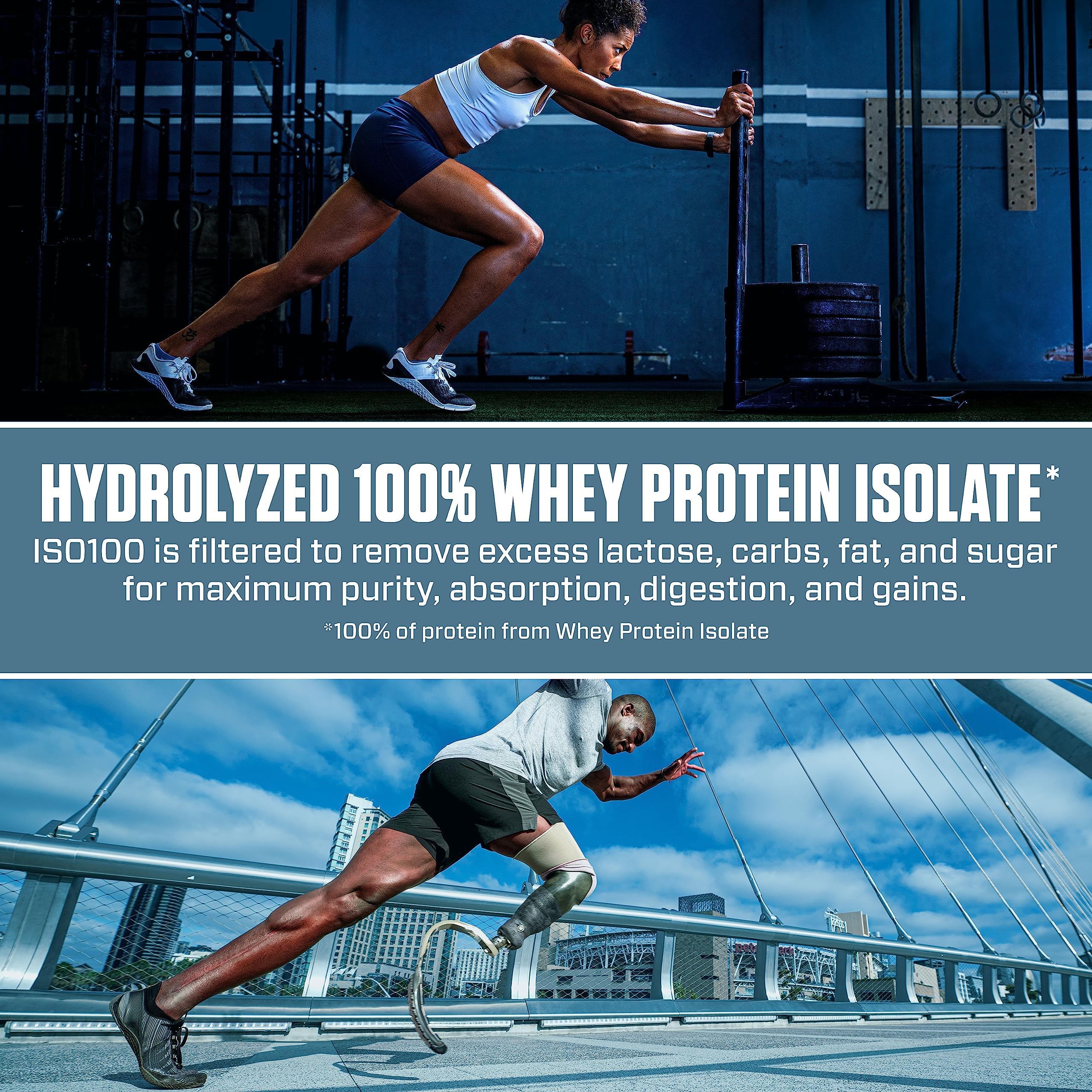 Dymatize ISO100 packaging emphasizes USA-made quality and gluten-free formula.