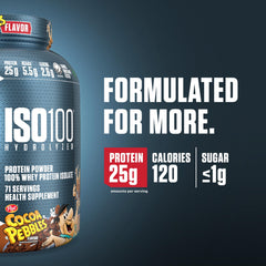Dymatize ISO100 Pebbles Cocoa scoop and bottle show easy mixing