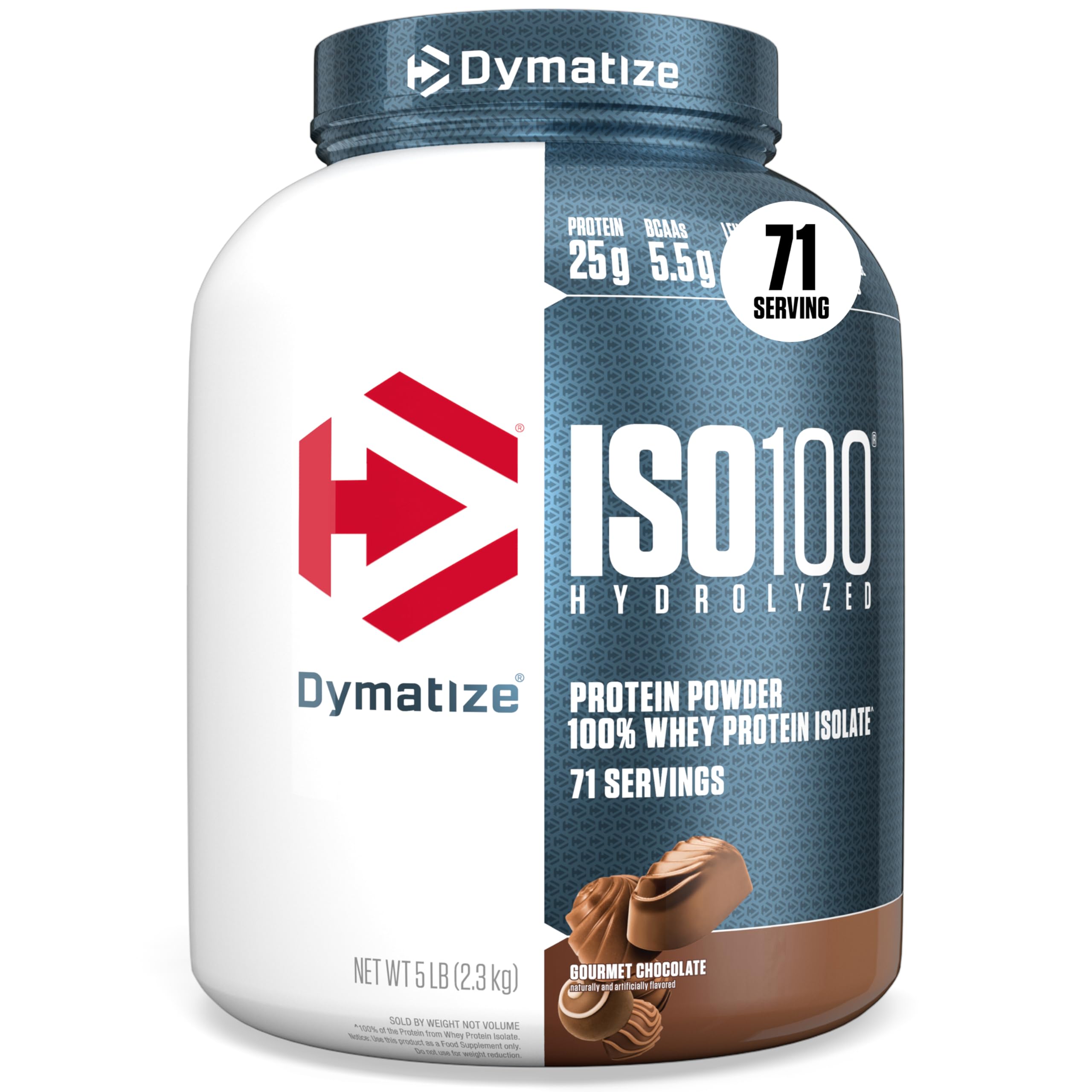 Dymatize ISO100 Gourmet Chocolate powder in a scoop for rapid protein support.