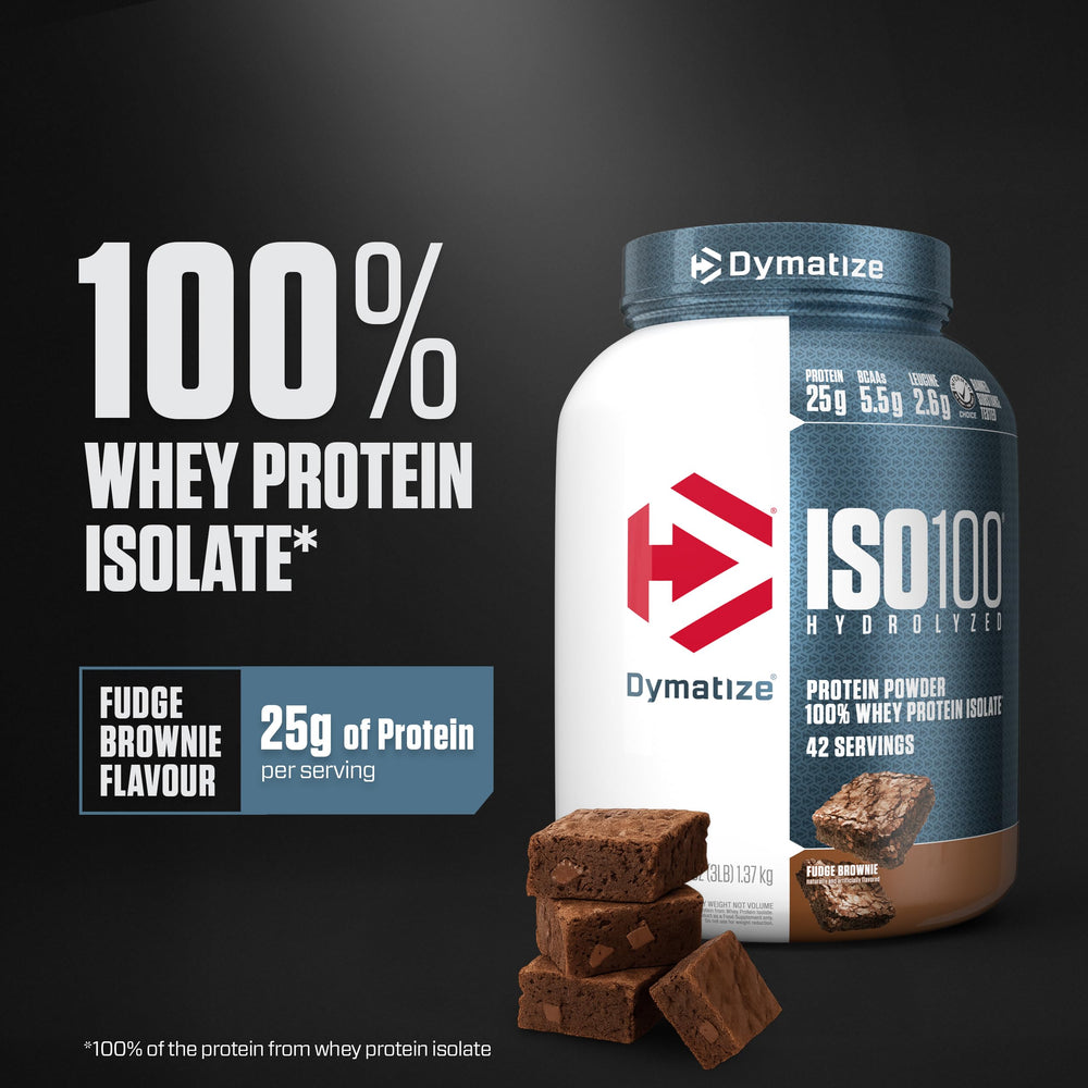 Dymatize ISO100 protein scoop with powder showing precise 25 g serving.