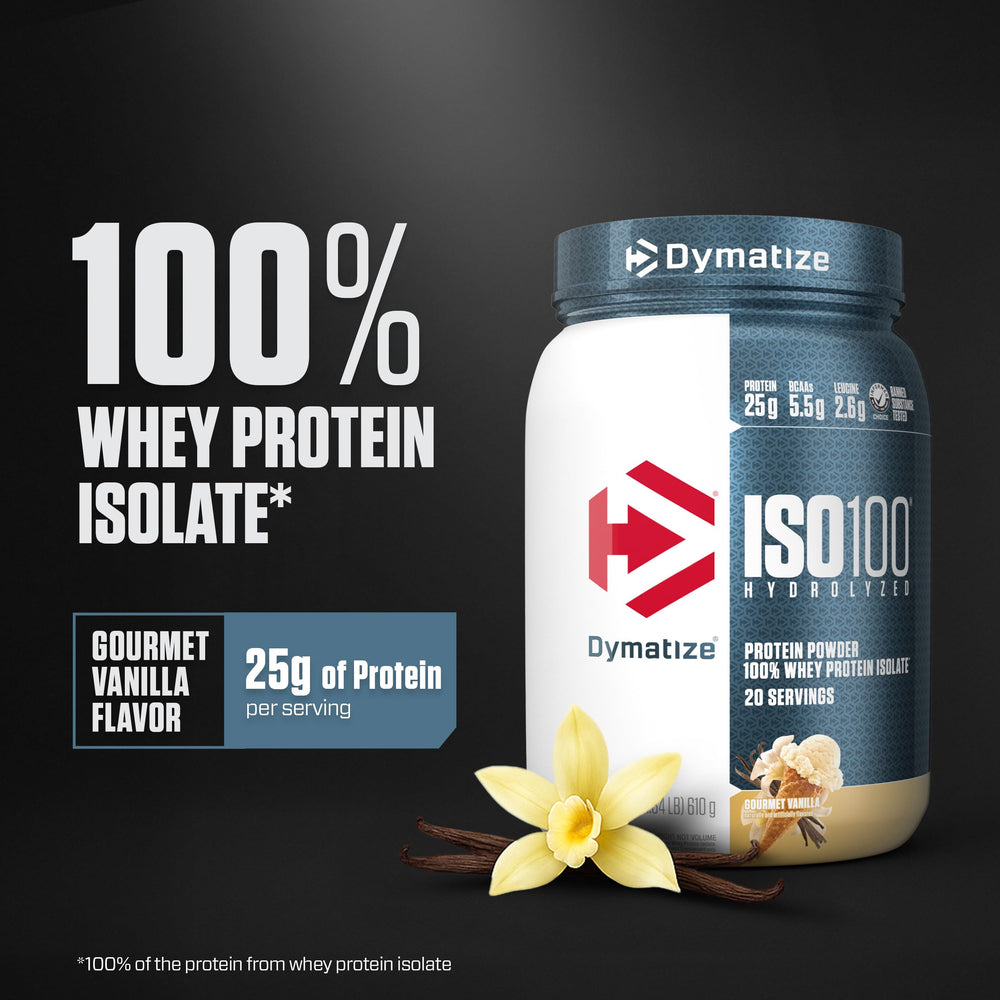 Dymatize ISO100 serving scoop beside vanilla powder for quick prep