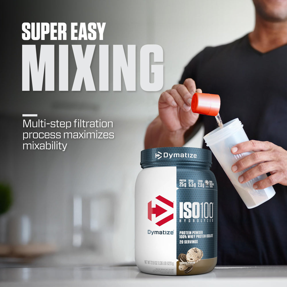 Dymatize ISO100 shake in glass, creamy Cookies & Cream flavor boosts recovery.