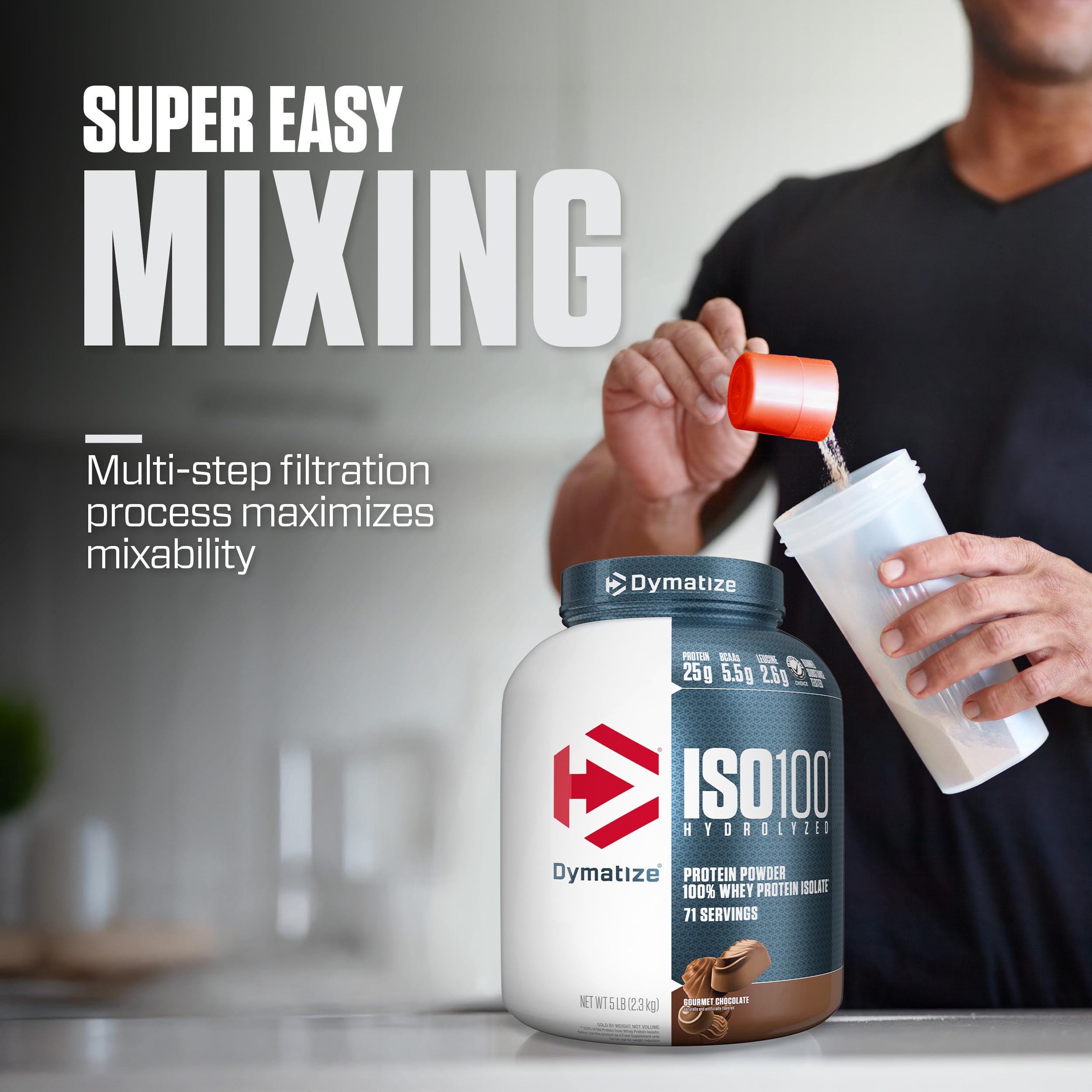 Glass of prepared ISO100 shake shows smooth texture and chocolate flavor.