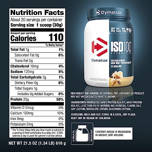 Dymatize ISO100 container shows gluten-free and low sugar